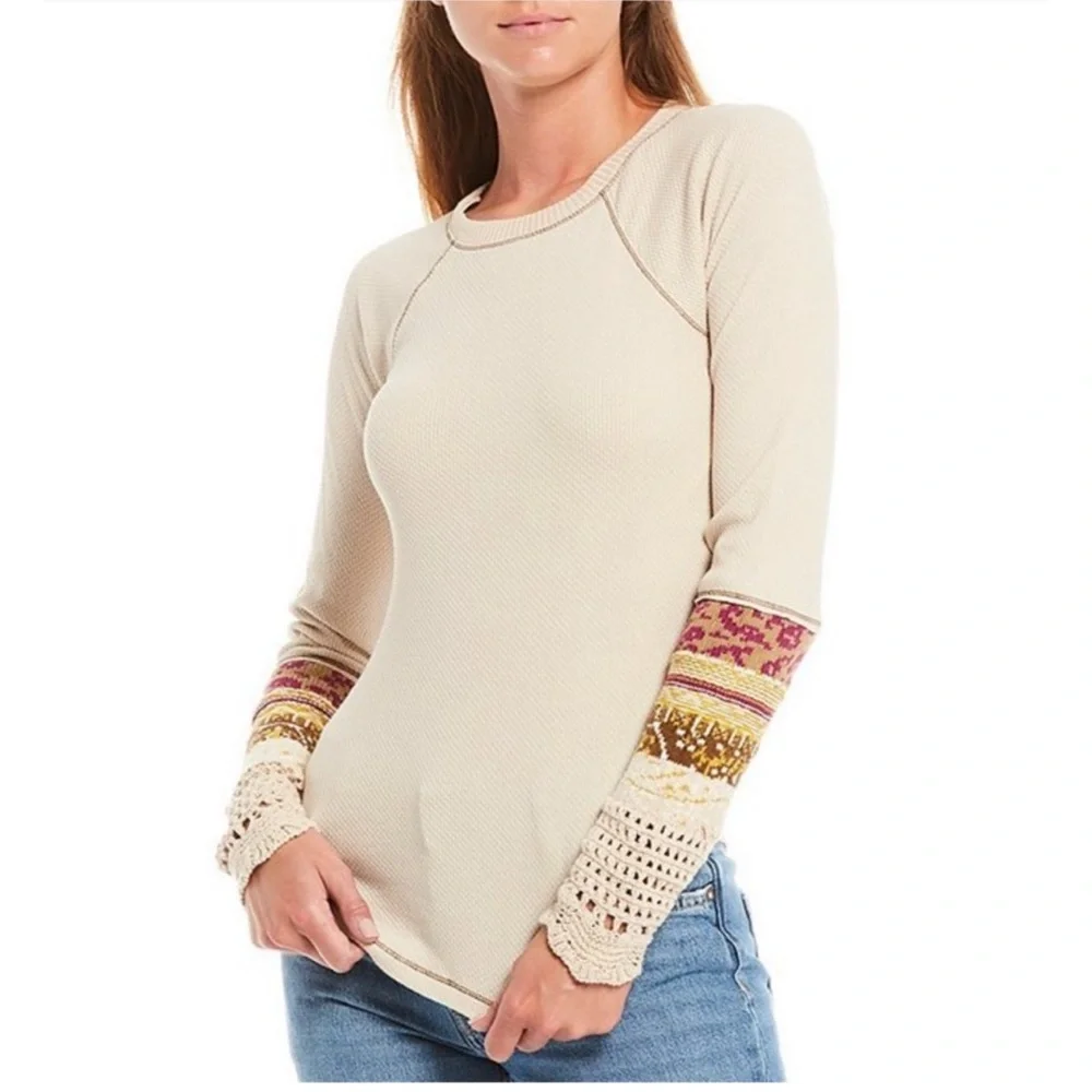 Free People Size Small Boho Thermal Top Crochet Cuff Patchwork Sleeve Cream